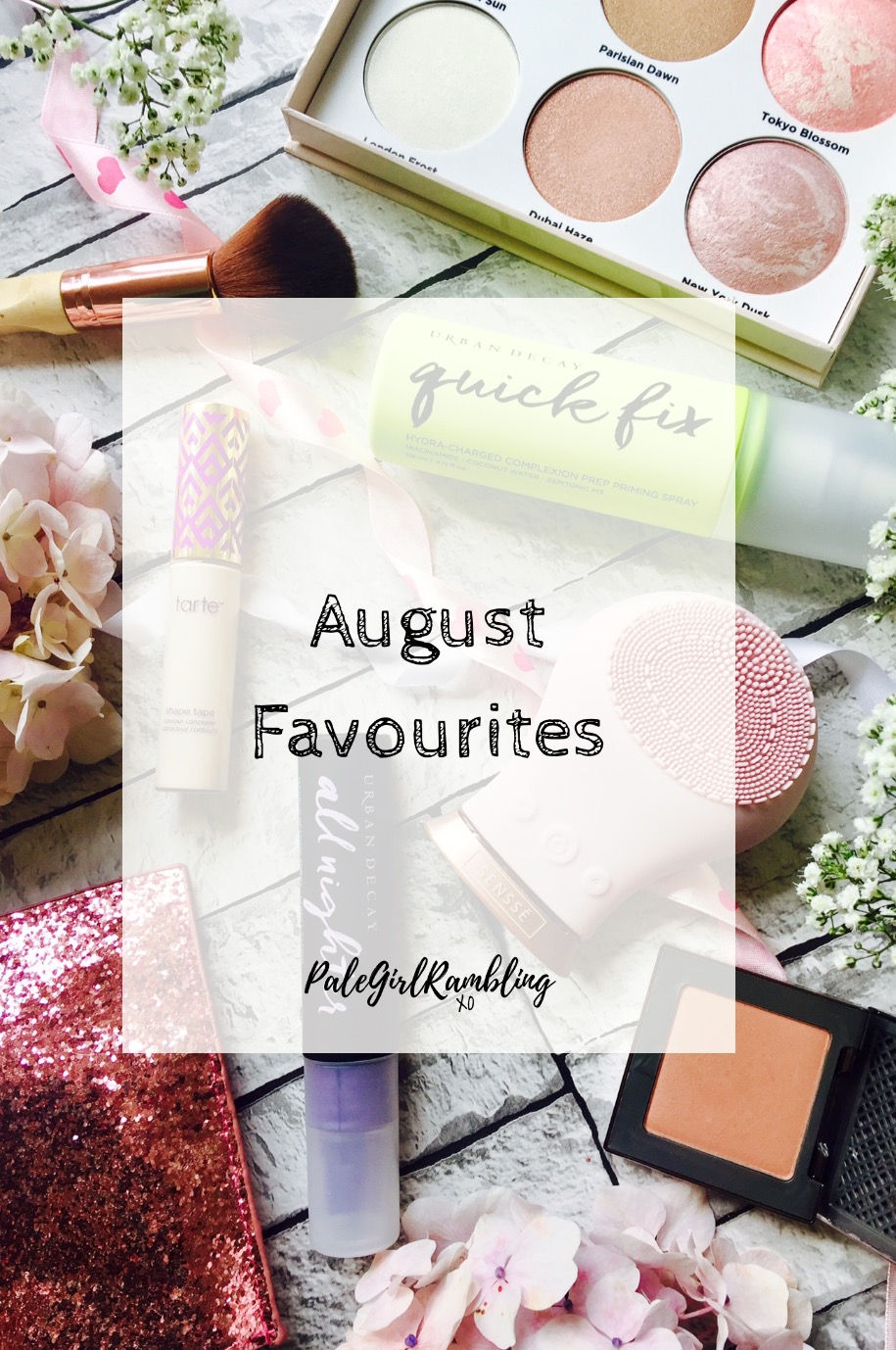 August favourites 2017 Urban Decay all Nighter setting spray prep and Priming spray Senssē facial cleanser ahb highlight and Strobe kit Tarte Shape Tape afterglow blush
